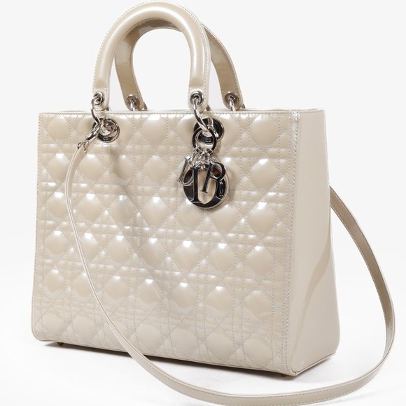 Christian Dior Large Pearl Taupe Patent Leather Lady Dior - Picture 1 of 14